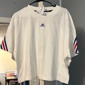 Adidas Women's White Crop Top with Blue and Red Stripes thicker cotton